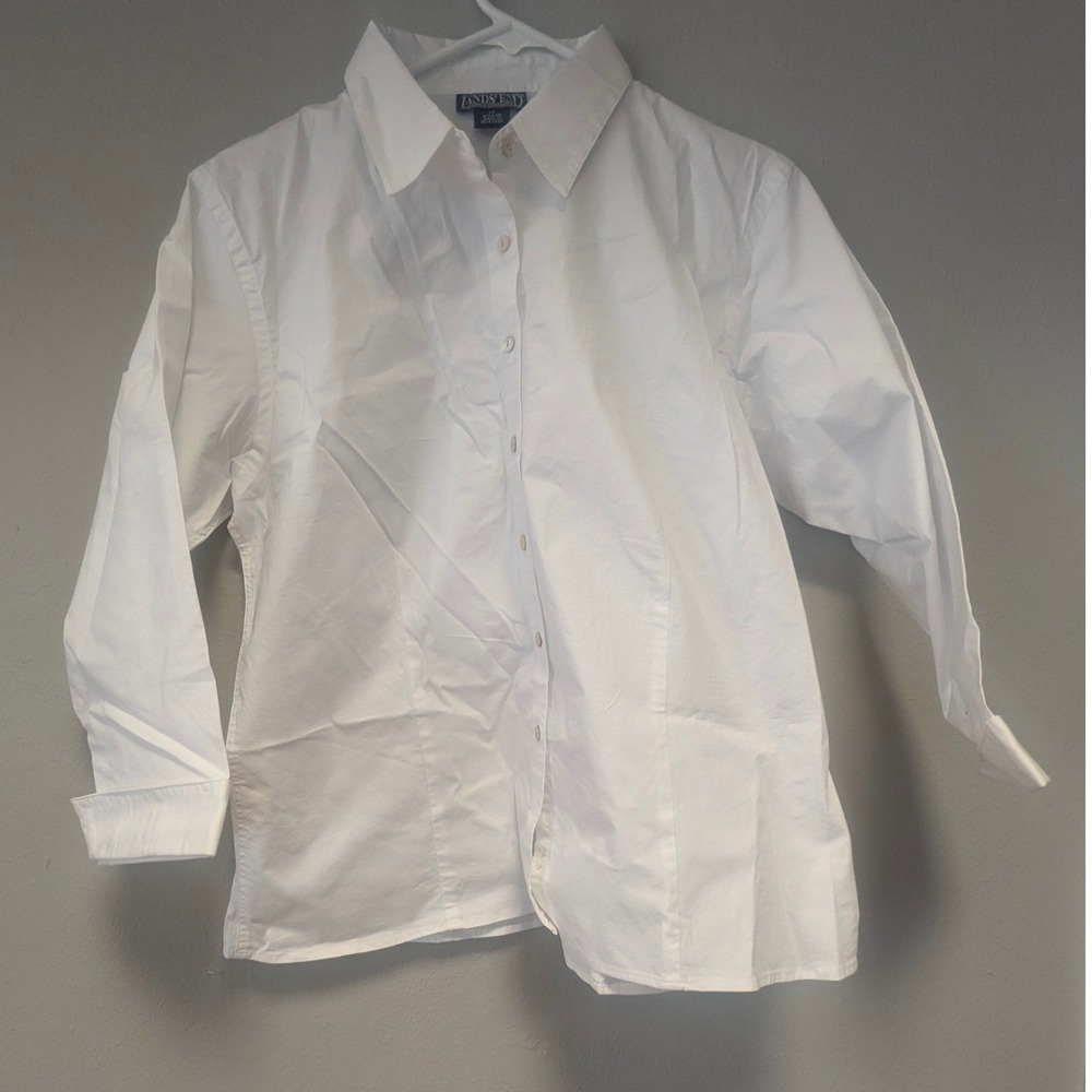 Lands' End Women's 14 White 100% Cotton Button Down Shirt Long Sleeve